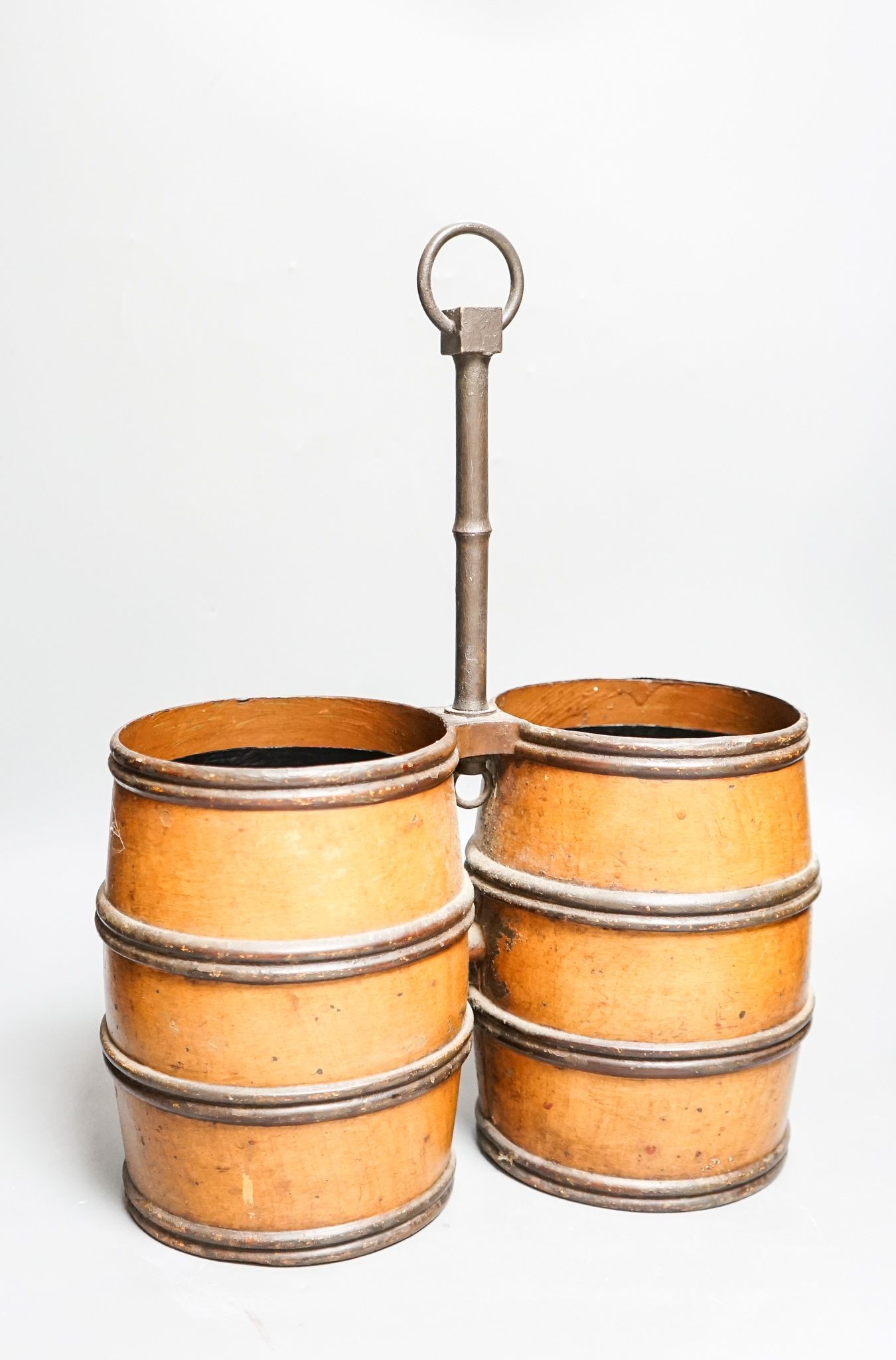 A Victorian toleware twin barrel-shaped wine bottle cooler/carrier, 43cm